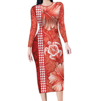 Red Hibiscus Turle Family Matching Long Sleeve Bodycon Dress and Hawaiian Shirt Hawaiian Style Tribal Tapa Pattern LT9 Mom's Dress Red - Polynesian Pride