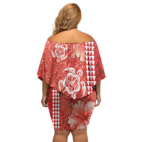 Red Hibiscus Turle Family Matching Off Shoulder Short Dress and Hawaiian Shirt Hawaiian Style Tribal Tapa Pattern LT9 - Polynesian Pride