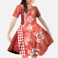 Red Hibiscus Turle Family Matching Short Sleeve Bodycon Dress and Hawaiian Shirt Hawaiian Style Tribal Tapa Pattern LT9 Daughter's Dress Red - Polynesian Pride