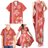 Red Hibiscus Turle Family Matching Tank Maxi Dress and Hawaiian Shirt Hawaiian Style Tribal Tapa Pattern