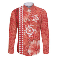 Red Hibiscus Turle Family Matching Tank Maxi Dress and Hawaiian Shirt Hawaiian Style Tribal Tapa Pattern