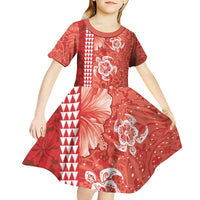 Red Hibiscus Turle Kid Short Sleeve Dress Hawaiian Style Tribal Tapa Pattern