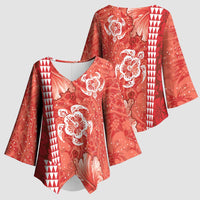 Red Hibiscus Turle Kimono Sleeve Blouse Hawaiian Style Tribal Tapa Pattern - Polynesian Pride