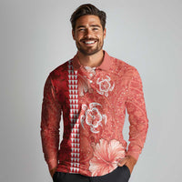 Red Hibiscus Turle Long Sleeve Polo Shirt Hawaiian Style Tribal Tapa Pattern