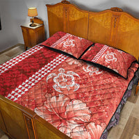 Red Hibiscus Turle Quilt Bed Set Hawaiian Style Tribal Tapa Pattern