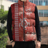 Red Hibiscus Turle Sleeveless Puffer Jacket Hawaiian Style Tribal Tapa Pattern - Polynesian Pride