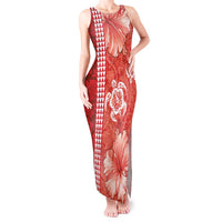 Red Hibiscus Turle Tank Maxi Dress Hawaiian Style Tribal Tapa Pattern