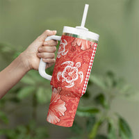 Red Hibiscus Turle Tumbler With Handle Hawaiian Style Tribal Tapa Pattern
