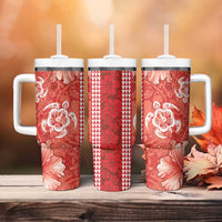 Red Hibiscus Turle Tumbler With Handle Hawaiian Style Tribal Tapa Pattern
