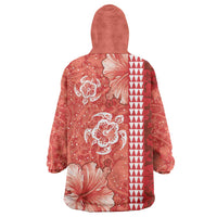 Red Hibiscus Turle Wearable Blanket Hoodie Hawaiian Style Tribal Tapa Pattern