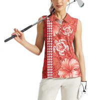 Red Hibiscus Turle Women Sleeveless Polo Shirt Hawaiian Style Tribal Tapa Pattern