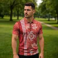 Red Hibiscus Turle Zipper Polo Shirt Hawaiian Style Tribal Tapa Pattern - Polynesian Pride