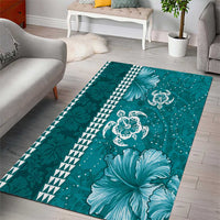 Teal Hibiscus Turle Area Rug Hawaiian Style Tribal Tapa Pattern