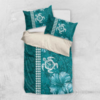Teal Hibiscus Turle Bedding Set Hawaiian Style Tribal Tapa Pattern