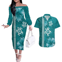 Teal Hibiscus Turle Couples Matching Off The Shoulder Long Sleeve Dress and Hawaiian Shirt Hawaiian Style Tribal Tapa Pattern LT9 Teal - Polynesian Pride