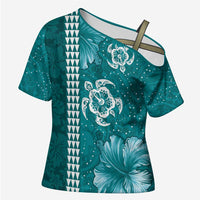 Teal Hibiscus Turle Cross Shoulder Shirt Hawaiian Style Tribal Tapa Pattern - Polynesian Pride