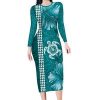 Teal Hibiscus Turle Family Matching Long Sleeve Bodycon Dress and Hawaiian Shirt Hawaiian Style Tribal Tapa Pattern LT9 Mom's Dress Teal - Polynesian Pride