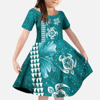 Teal Hibiscus Turle Family Matching Off The Shoulder Long Sleeve Dress and Hawaiian Shirt Hawaiian Style Tribal Tapa Pattern LT9 Daughter's Dress Teal - Polynesian Pride