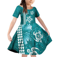 Teal Hibiscus Turle Family Matching Off Shoulder Short Dress and Hawaiian Shirt Hawaiian Style Tribal Tapa Pattern LT9 Daughter's Dress Teal - Polynesian Pride