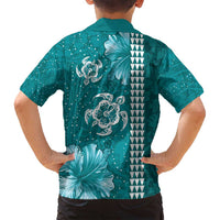 Teal Hibiscus Turle Family Matching Summer Maxi Dress and Hawaiian Shirt Hawaiian Style Tribal Tapa Pattern