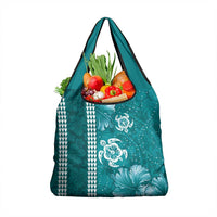 Teal Hibiscus Turle Grocery Bag Hawaiian Style Tribal Tapa Pattern