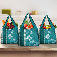 Teal Hibiscus Turle Grocery Bag Hawaiian Style Tribal Tapa Pattern