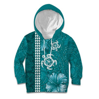 Teal Hibiscus Turle Kid Hoodie Hawaiian Style Tribal Tapa Pattern