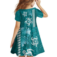 Teal Hibiscus Turle Kid Short Sleeve Dress Hawaiian Style Tribal Tapa Pattern