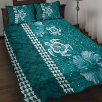 Teal Hibiscus Turle Quilt Bed Set Hawaiian Style Tribal Tapa Pattern