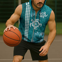 Teal Hibiscus Turle Sleeveless Zip Hoodie Hawaiian Style Tribal Tapa Pattern - Polynesian Pride