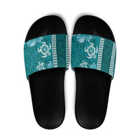 Teal Hibiscus Turle Slide Sandals Hawaiian Style Tribal Tapa Pattern - Polynesian Pride
