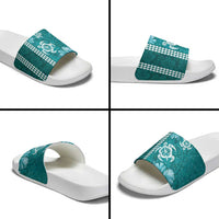 Teal Hibiscus Turle Slide Sandals Hawaiian Style Tribal Tapa Pattern - Polynesian Pride