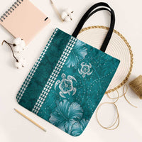 Teal Hibiscus Turle Tote Bag Hawaiian Style Tribal Tapa Pattern - Polynesian Pride