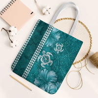 Teal Hibiscus Turle Tote Bag Hawaiian Style Tribal Tapa Pattern - Polynesian Pride