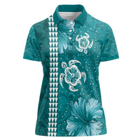 Teal Hibiscus Turle Women Polo Shirt Hawaiian Style Tribal Tapa Pattern