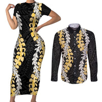 Puakenikeni and Maile Lei Couples Matching Short Sleeve Bodycon Dress and Long Sleeve Button Shirt Black Double Strand Lei