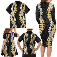 Puakenikeni and Maile Lei Family Matching Long Sleeve Bodycon Dress and Hawaiian Shirt Black Double Strand Lei
