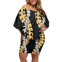 Puakenikeni and Maile Lei Family Matching Off Shoulder Short Dress and Hawaiian Shirt Black Double Strand Lei