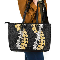 Puakenikeni and Maile Lei Leather Tote Bag Black Double Strand Lei