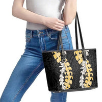 Puakenikeni and Maile Lei Leather Tote Bag Black Double Strand Lei