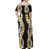 Puakenikeni and Maile Lei Off Shoulder Maxi Dress Black Double Strand Lei