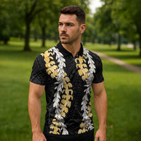Puakenikeni and Maile Lei Zipper Polo Shirt Black Double Strand Lei - Polynesian Pride