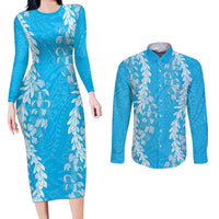 Puakenikeni and Maile Lei Couples Matching Long Sleeve Bodycon Dress and Long Sleeve Button Shirt Blue Double Strand Lei