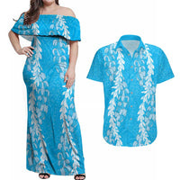 Puakenikeni and Maile Lei Couples Matching Off Shoulder Maxi Dress and Hawaiian Shirt Blue Double Strand Lei