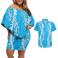 Puakenikeni and Maile Lei Couples Matching Off Shoulder Short Dress and Hawaiian Shirt Blue Double Strand Lei