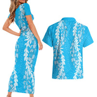 Puakenikeni and Maile Lei Couples Matching Short Sleeve Bodycon Dress and Hawaiian Shirt Blue Double Strand Lei