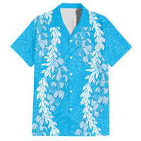 Puakenikeni and Maile Lei Family Matching Long Sleeve Bodycon Dress and Hawaiian Shirt Blue Double Strand Lei