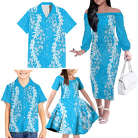 Puakenikeni and Maile Lei Family Matching Off The Shoulder Long Sleeve Dress and Hawaiian Shirt Blue Double Strand Lei