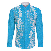 Puakenikeni and Maile Lei Family Matching Off The Shoulder Long Sleeve Dress and Hawaiian Shirt Blue Double Strand Lei