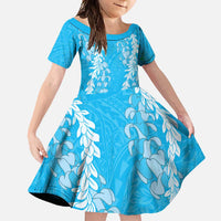 Puakenikeni and Maile Lei Family Matching Short Sleeve Bodycon Dress and Hawaiian Shirt Blue Double Strand Lei